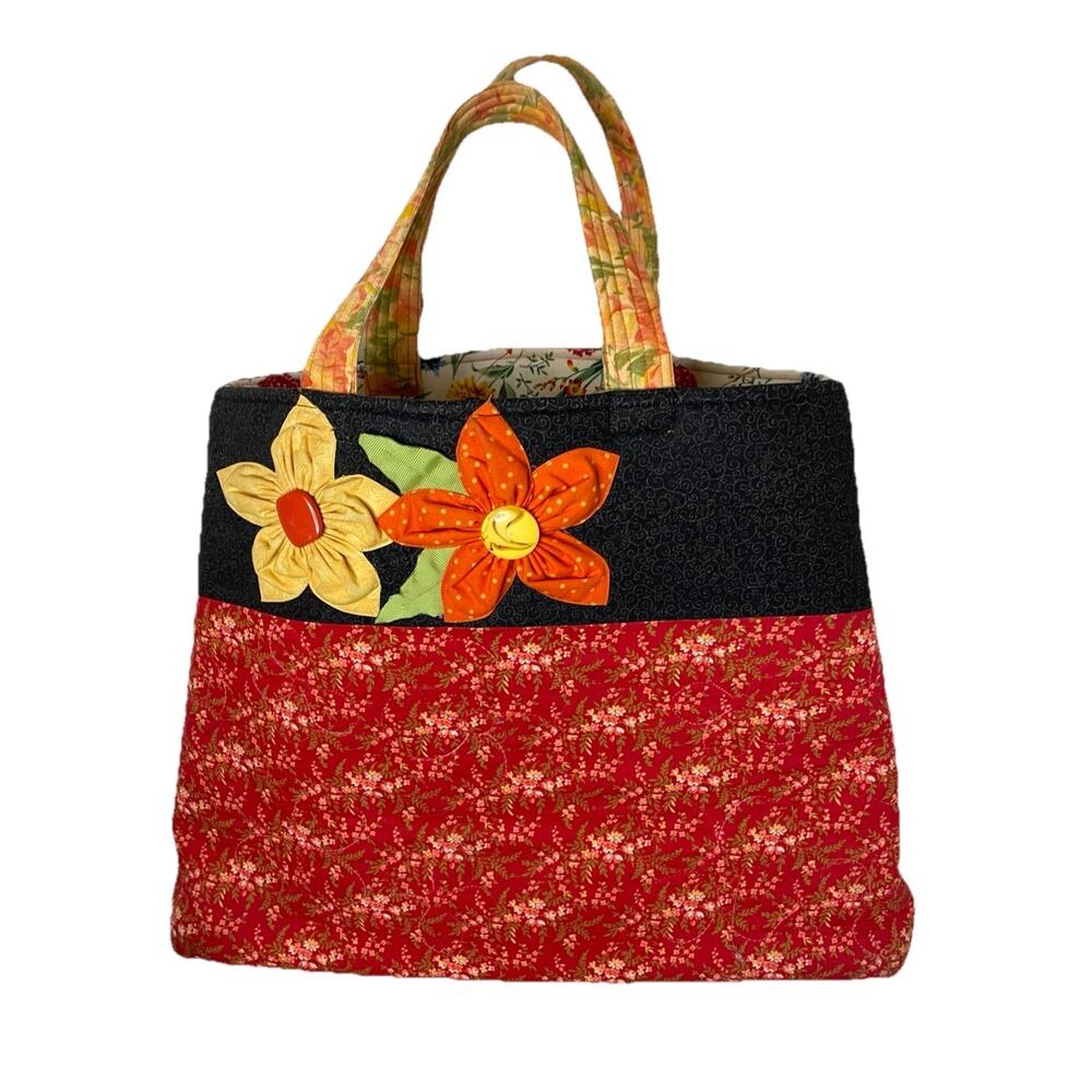 Floral Fabric Shopping Tote Bag Quilted Handmade Boho Trad Wife Flower Appliqué